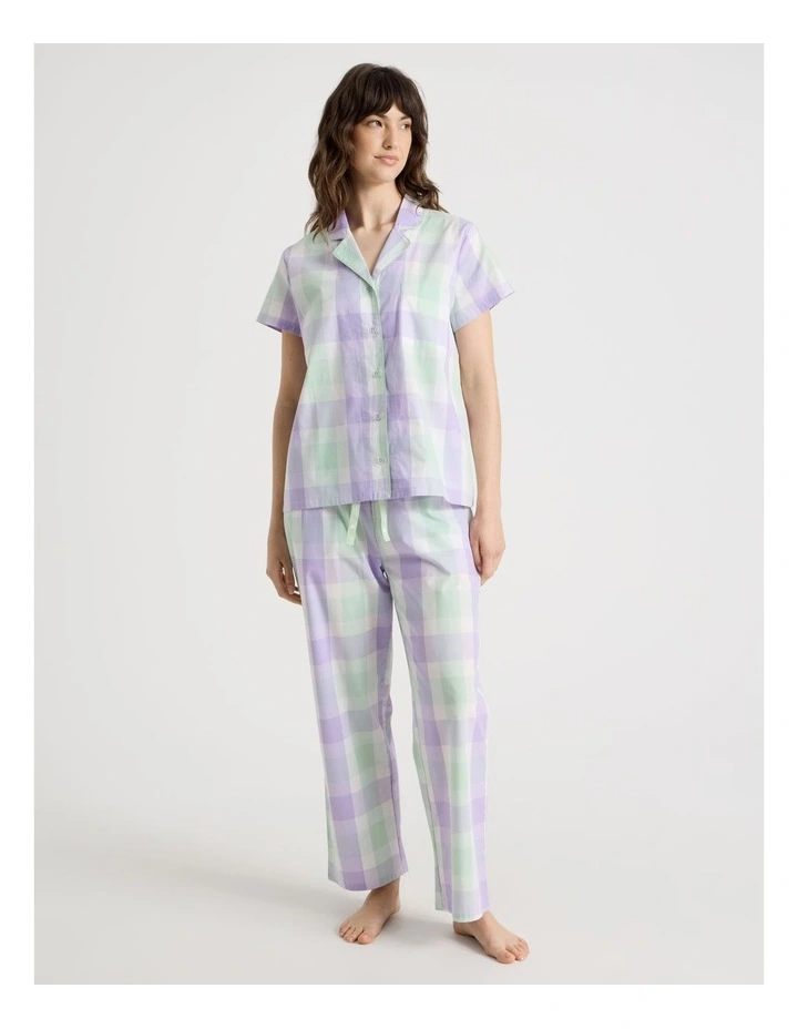 Cotton Woven Short Sleeve Long Pant Pyjama Set in Mint Lilac Check image 4