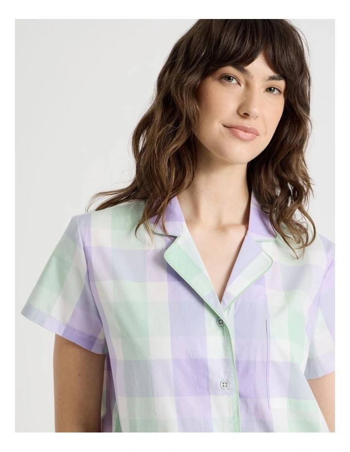 Cotton Woven Short Sleeve Long Pant Pyjama Set in Mint Lilac Check image 5