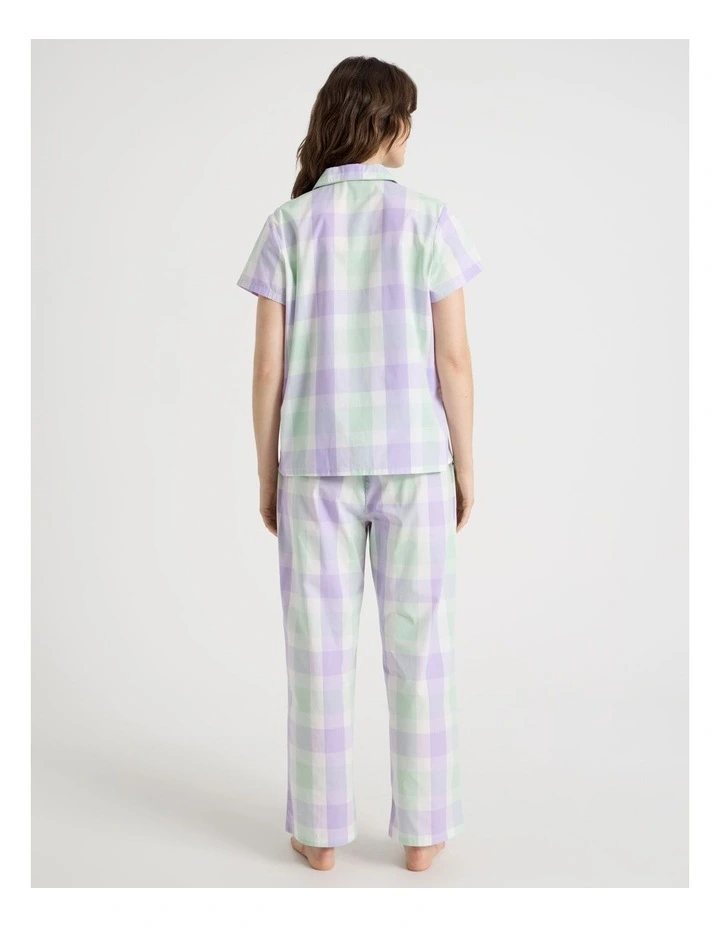Cotton Woven Short Sleeve Long Pant Pyjama Set in Mint Lilac Check image 6