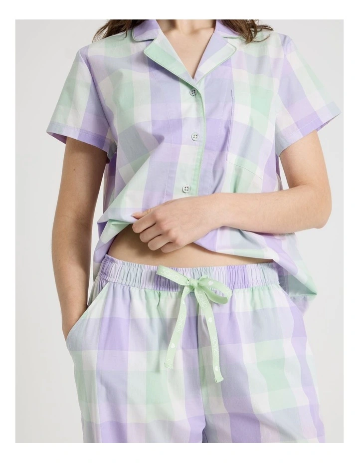 Cotton Woven Short Sleeve Long Pant Pyjama Set in Mint Lilac Check image 7