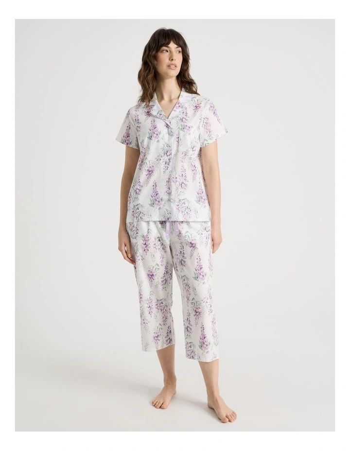 Cotton Woven Short Sleeve 3/4 Pant Pyjama Set in White Wisteria image 1