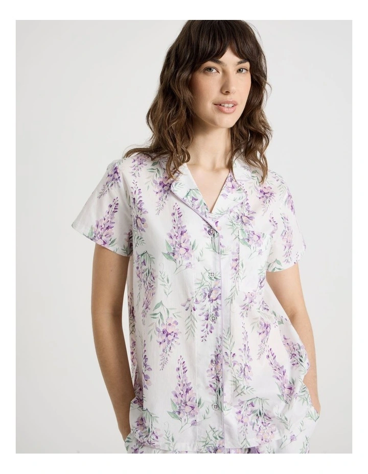 Cotton Woven Short Sleeve 3/4 Pant Pyjama Set in White Wisteria image 2
