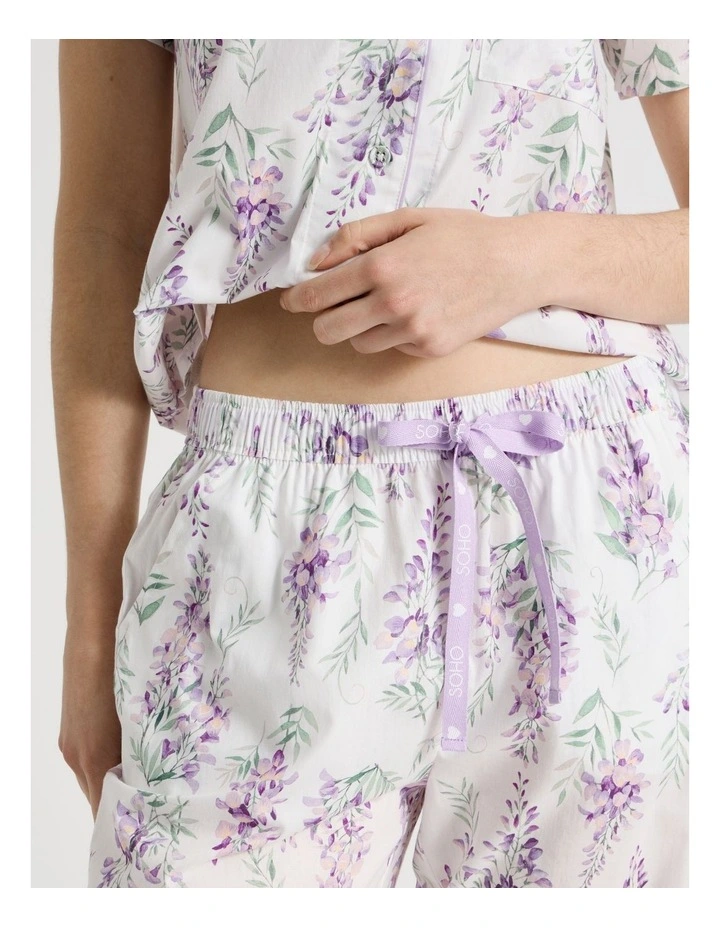 Cotton Woven Short Sleeve 3/4 Pant Pyjama Set in White Wisteria image 3