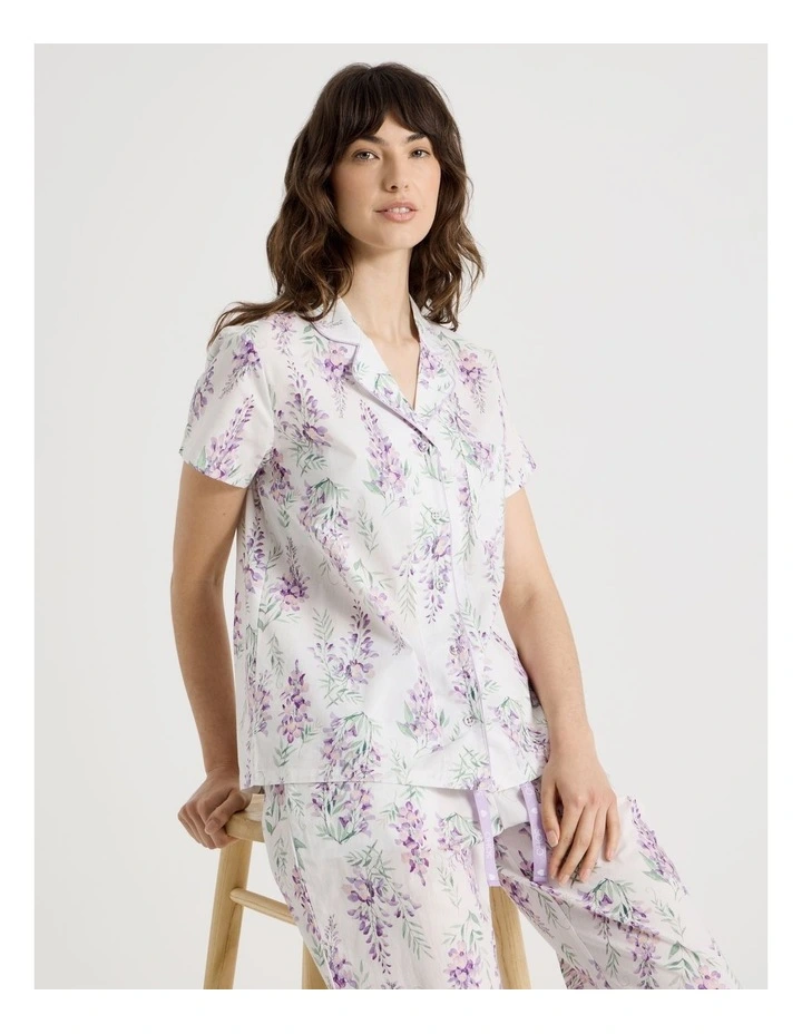 Cotton Woven Short Sleeve 3/4 Pant Pyjama Set in White Wisteria image 4