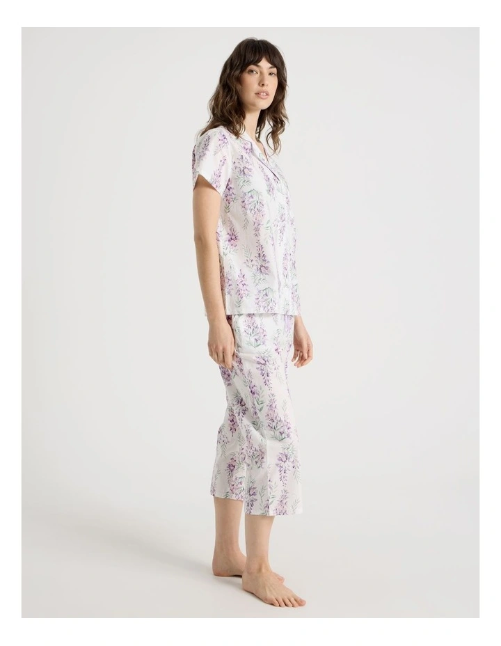 Cotton Woven Short Sleeve 3/4 Pant Pyjama Set in White Wisteria image 5