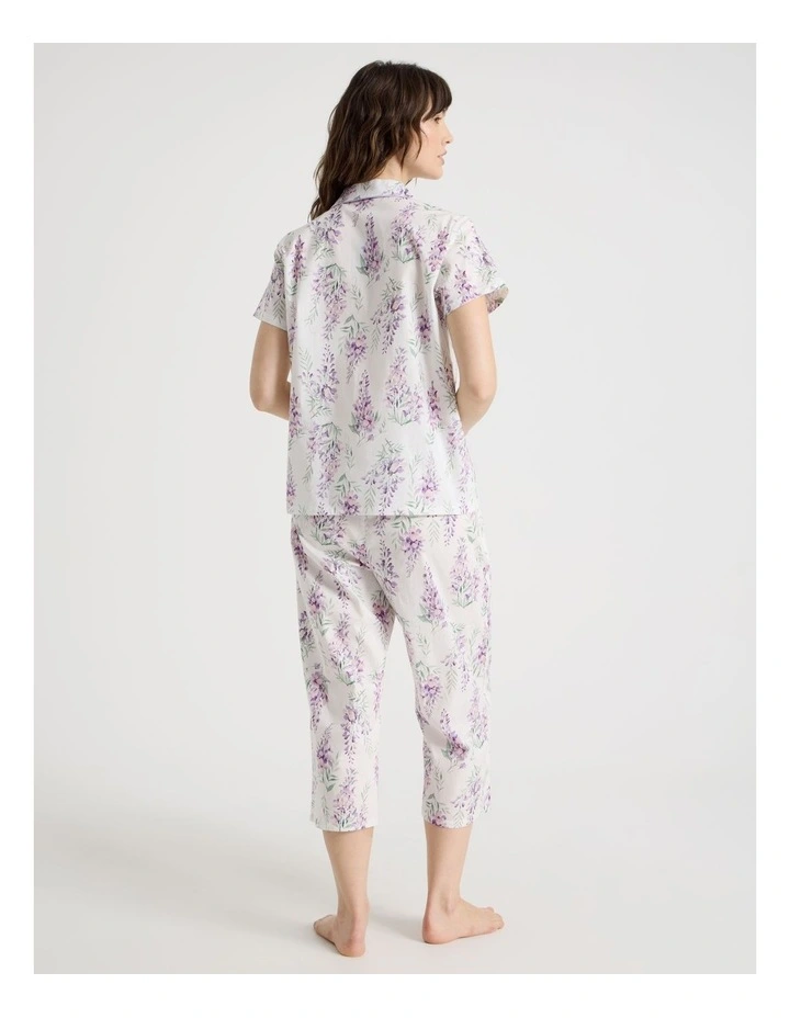 Cotton Woven Short Sleeve 3/4 Pant Pyjama Set in White Wisteria image 6