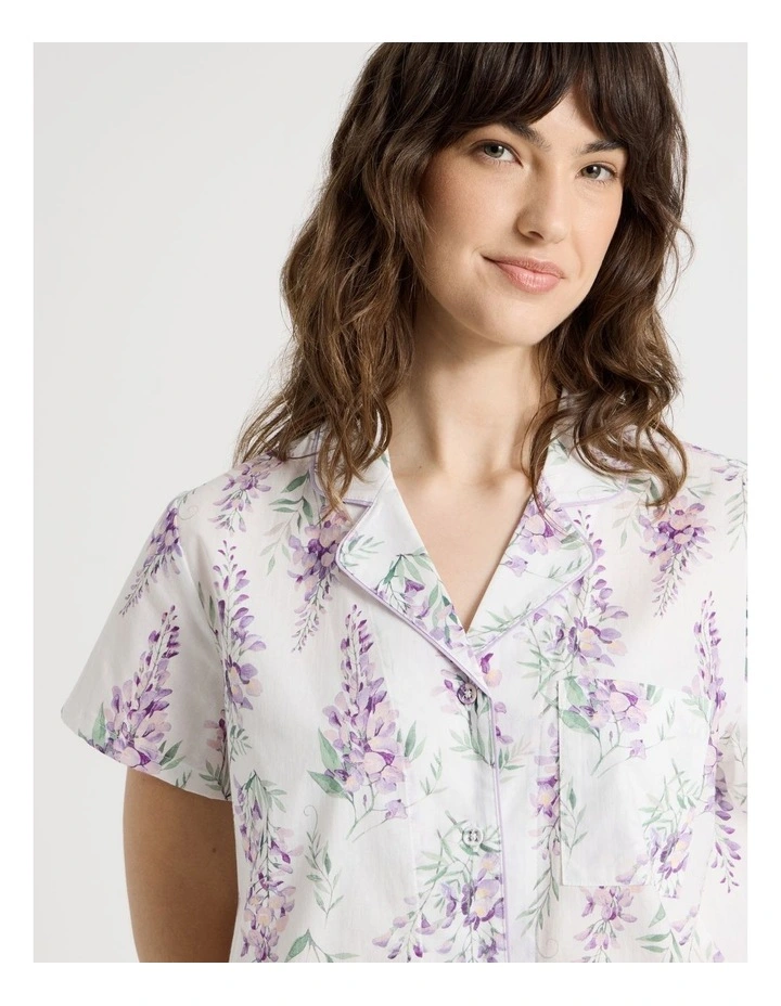 Cotton Woven Short Sleeve 3/4 Pant Pyjama Set in White Wisteria image 7