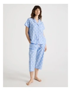Cotton Woven Short Sleeve 3/4 Pant Pyjama Set in Blue Spot