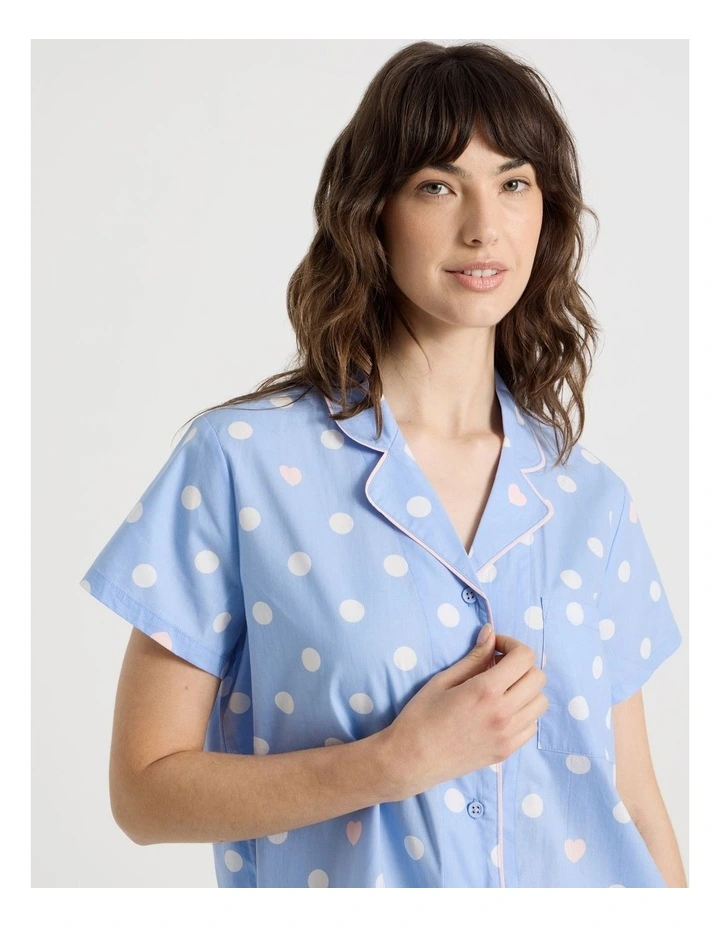 Cotton Woven Short Sleeve 3/4 Pant Pyjama Set in Blue Spot image 2