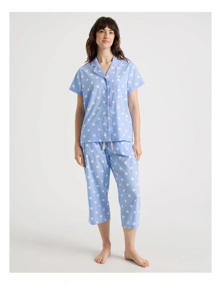 Cotton Woven Short Sleeve 3/4 Pant Pyjama Set in Blue Spot image 3