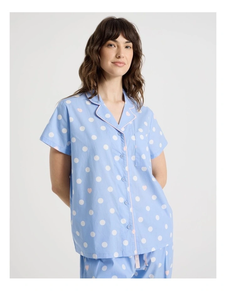 Cotton Woven Short Sleeve 3/4 Pant Pyjama Set in Blue Spot image 4