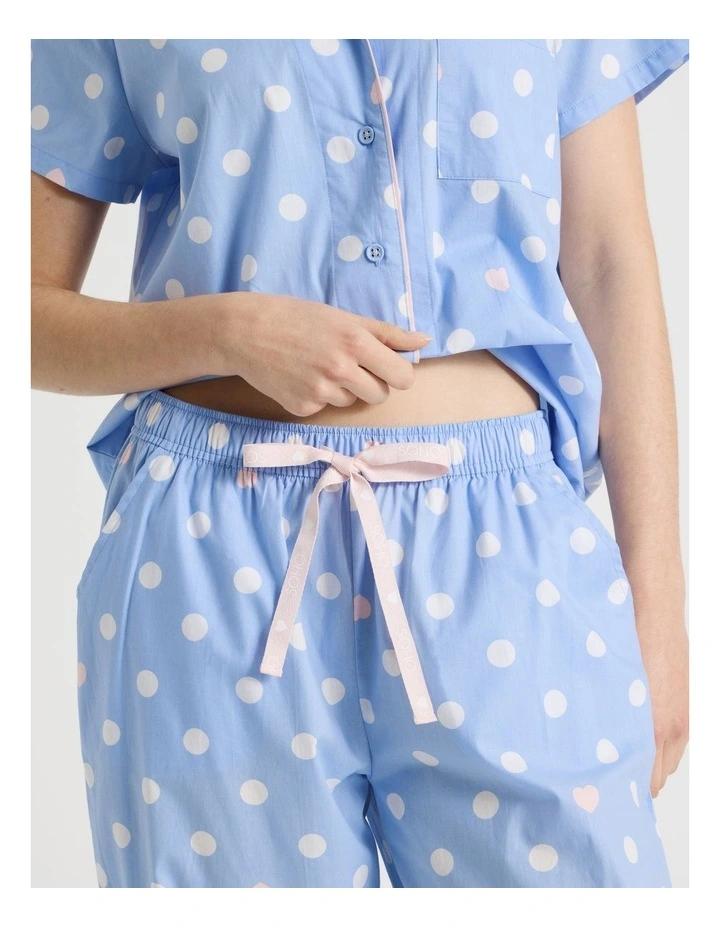 Cotton Woven Short Sleeve 3/4 Pant Pyjama Set in Blue Spot image 5