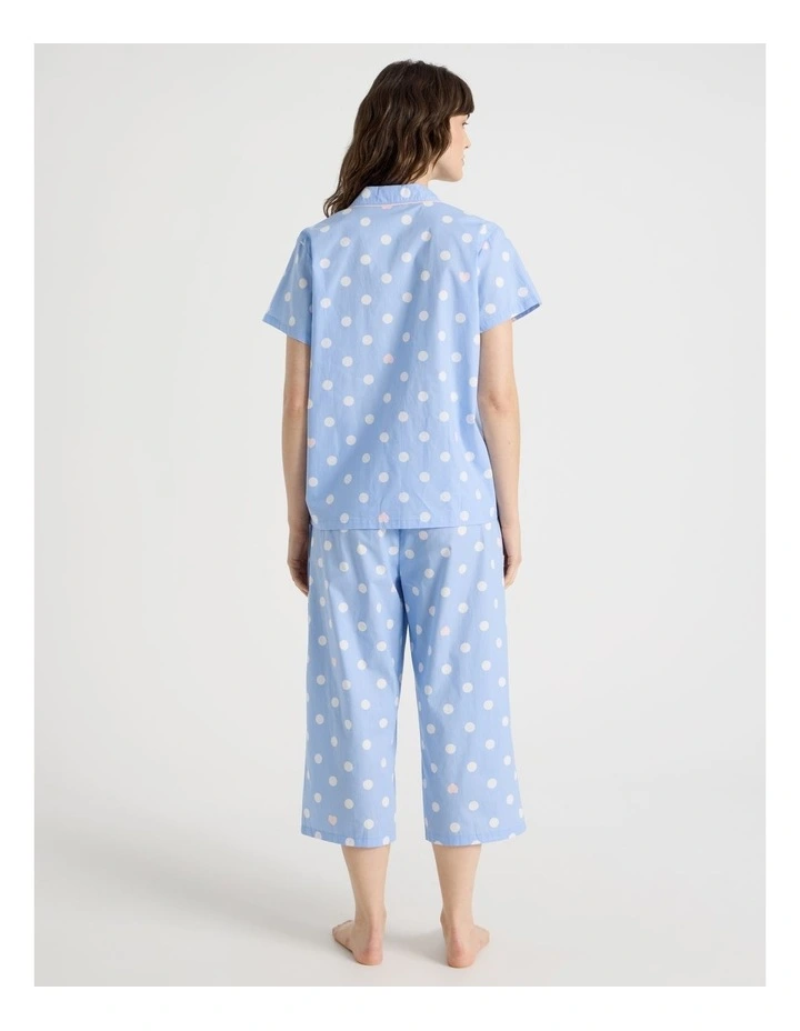 Cotton Woven Short Sleeve 3/4 Pant Pyjama Set in Blue Spot image 6