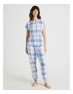 Short Sleeve 3/4 Pyjama Set in Blue Check