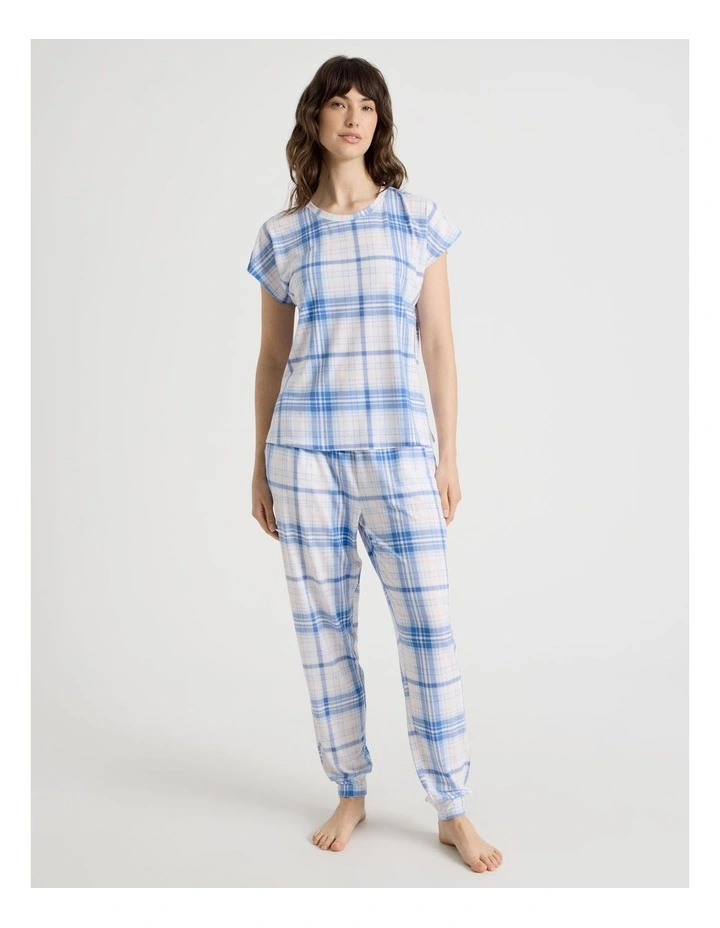 Short Sleeve 3/4 Pyjama Set in Blue Check image 1