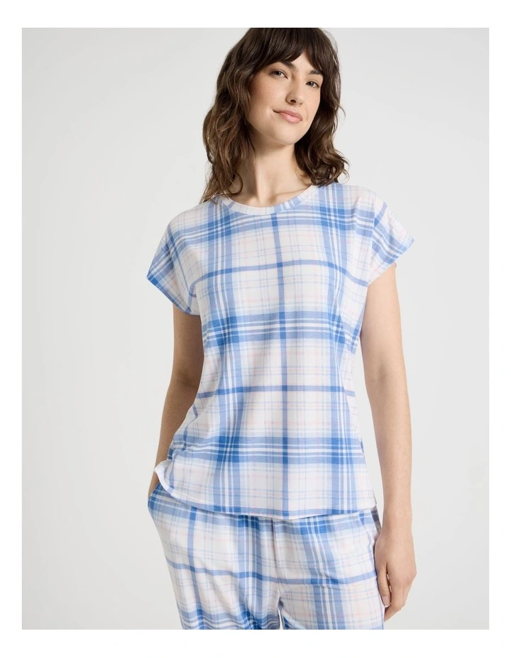 Short Sleeve 3/4 Pyjama Set in Blue Check image 2