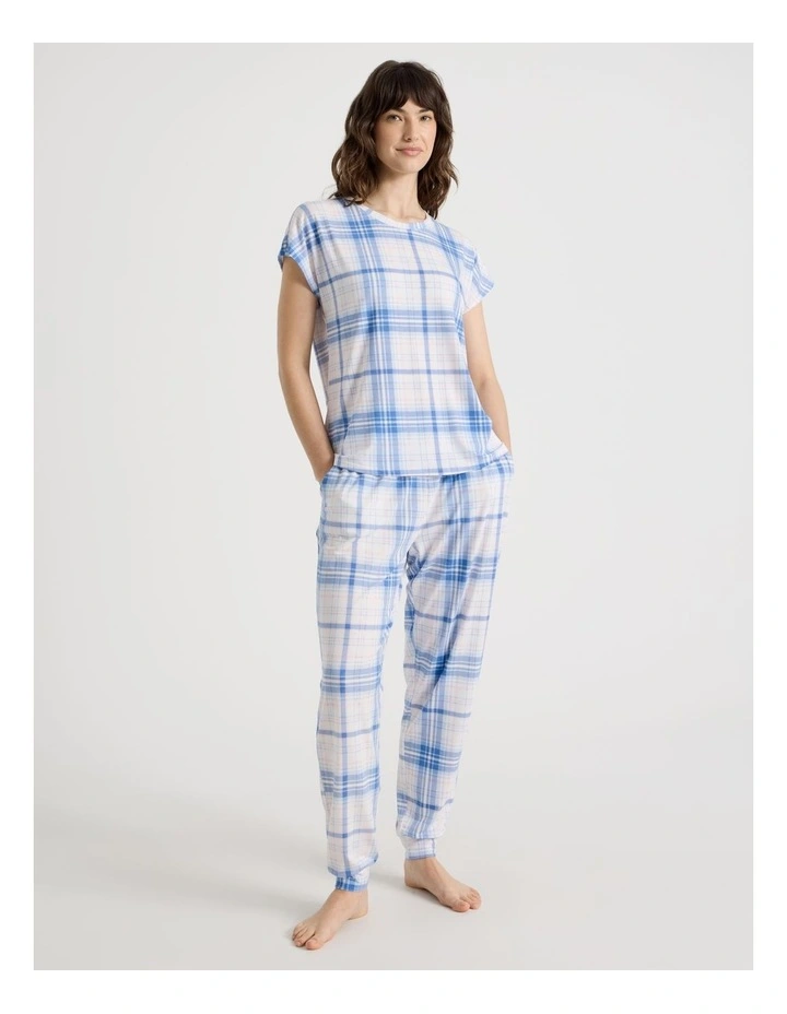 Short Sleeve 3/4 Pyjama Set in Blue Check image 3