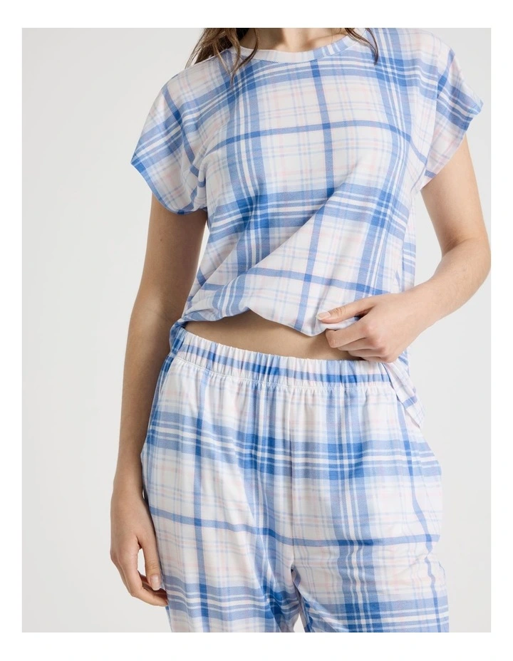 Short Sleeve 3/4 Pyjama Set in Blue Check image 5