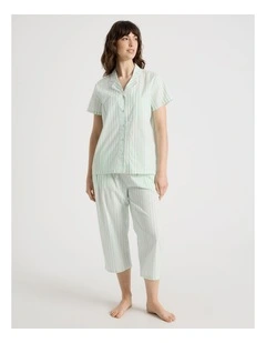 Cotton Woven Short Sleeve 3/4 Pant Pyjama Set in Mint Stripe