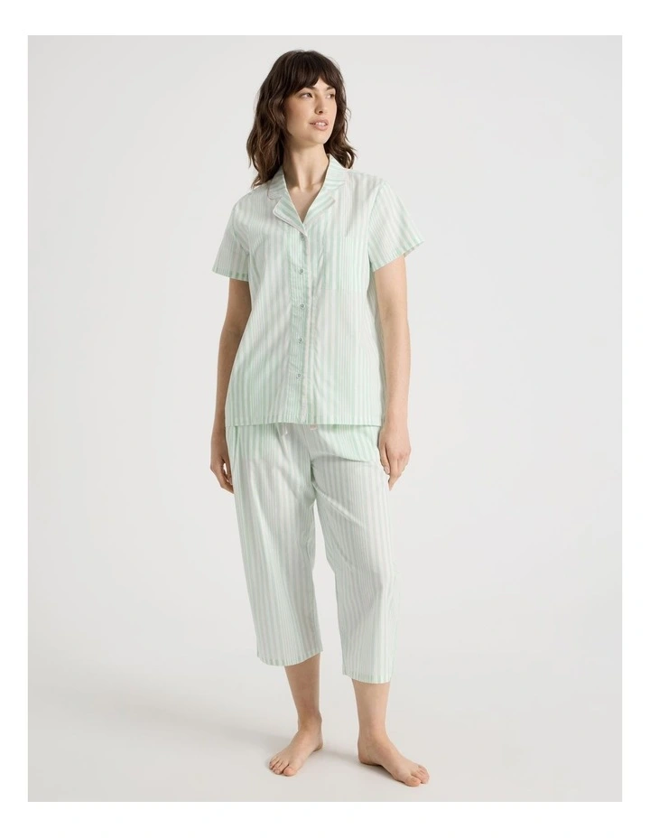Cotton Woven Short Sleeve 3/4 Pant Pyjama Set in Mint Stripe image 1