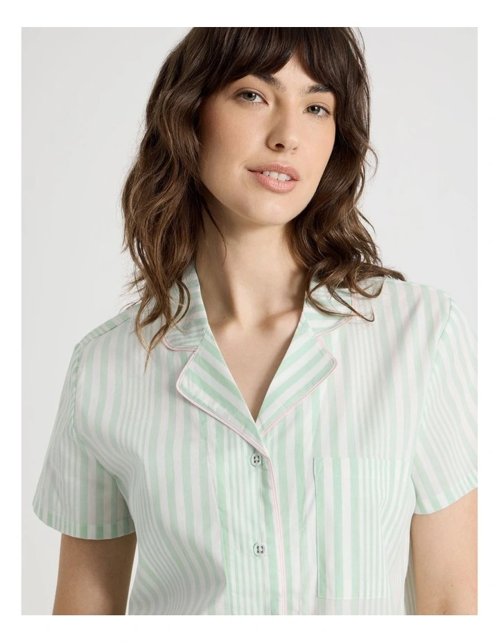 Cotton Woven Short Sleeve 3/4 Pant Pyjama Set in Mint Stripe image 2