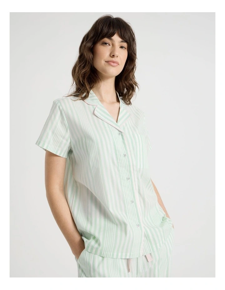 Cotton Woven Short Sleeve 3/4 Pant Pyjama Set in Mint Stripe image 3