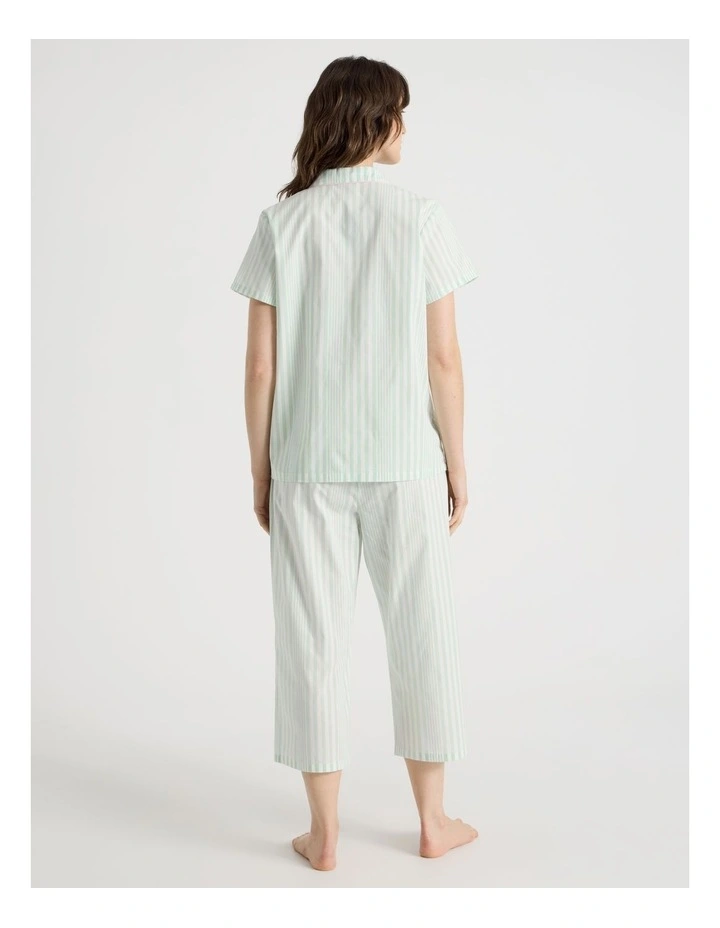 Cotton Woven Short Sleeve 3/4 Pant Pyjama Set in Mint Stripe image 5