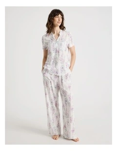 Woven Viscose Short Sleeve Wide Long Pant Pyjama Set in White Wisteria
