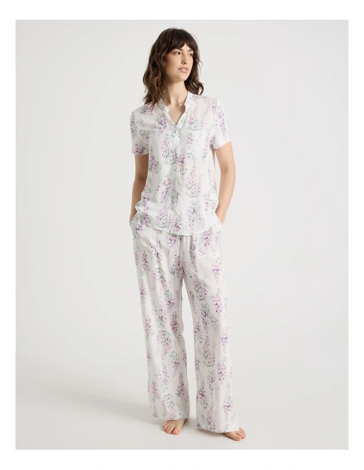 Woven Viscose Short Sleeve Wide Long Pant Pyjama Set in White Wisteria image 1
