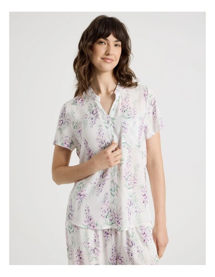 Woven Viscose Short Sleeve Wide Long Pant Pyjama Set in White Wisteria image 2