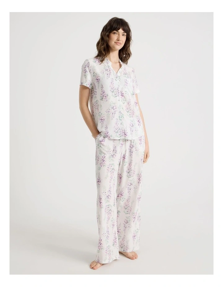 Woven Viscose Short Sleeve Wide Long Pant Pyjama Set in White Wisteria image 3