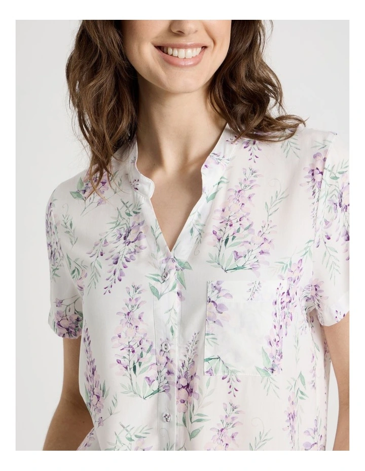 Woven Viscose Short Sleeve Wide Long Pant Pyjama Set in White Wisteria image 4