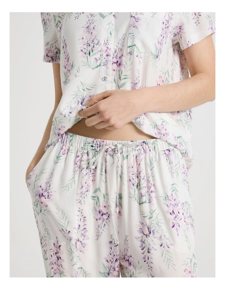 Woven Viscose Short Sleeve Wide Long Pant Pyjama Set in White Wisteria image 5