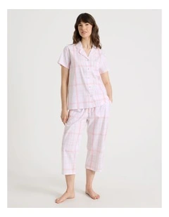 Cotton Woven Short Sleeve 3/4 Pant Pyjama Set in Pink and Green Check