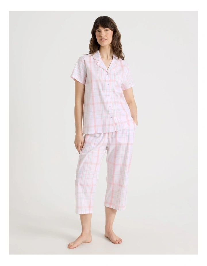 Cotton Woven Short Sleeve 3/4 Pant Pyjama Set in Pink and Green Check image 1
