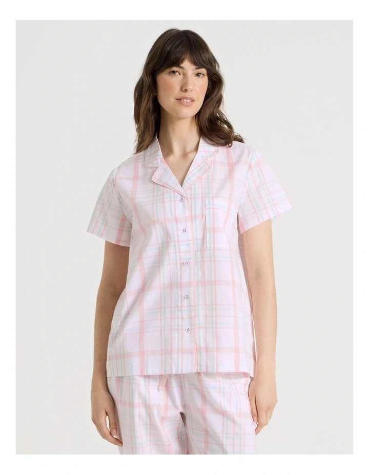 Cotton Woven Short Sleeve 3/4 Pant Pyjama Set in Pink and Green Check image 2