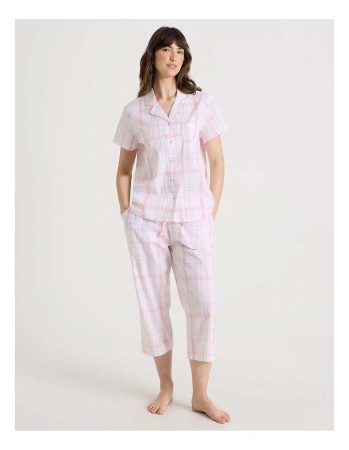 Cotton Woven Short Sleeve 3/4 Pant Pyjama Set in Pink and Green Check image 3