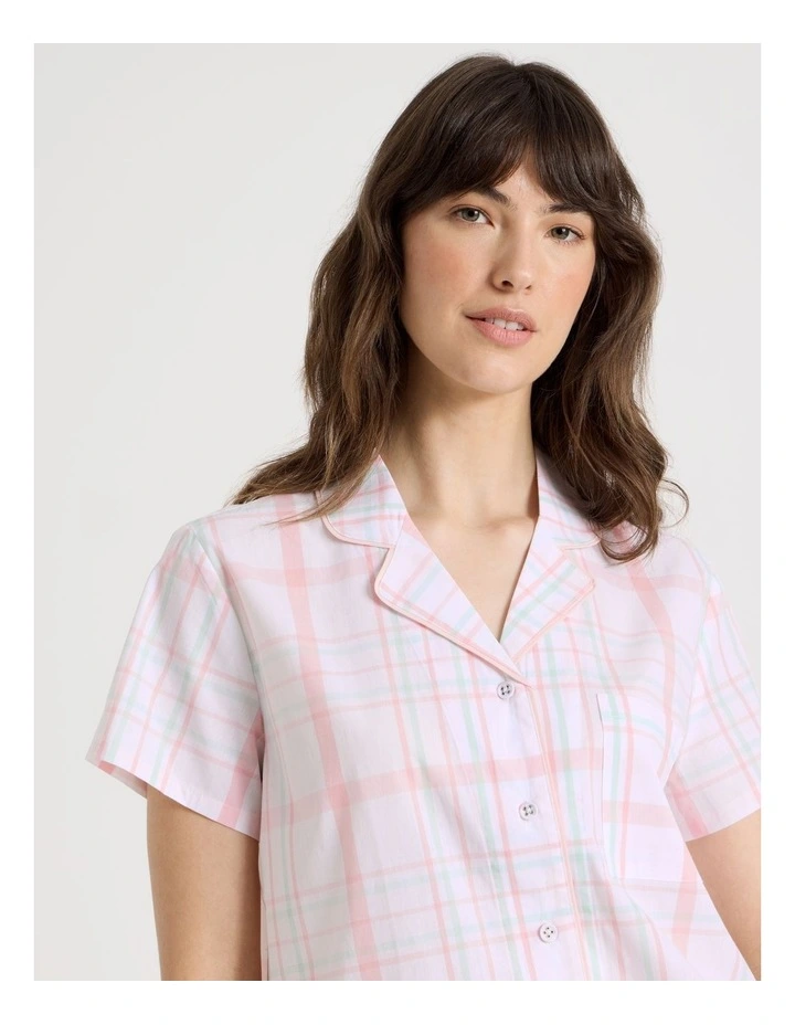 Cotton Woven Short Sleeve 3/4 Pant Pyjama Set in Pink and Green Check image 4