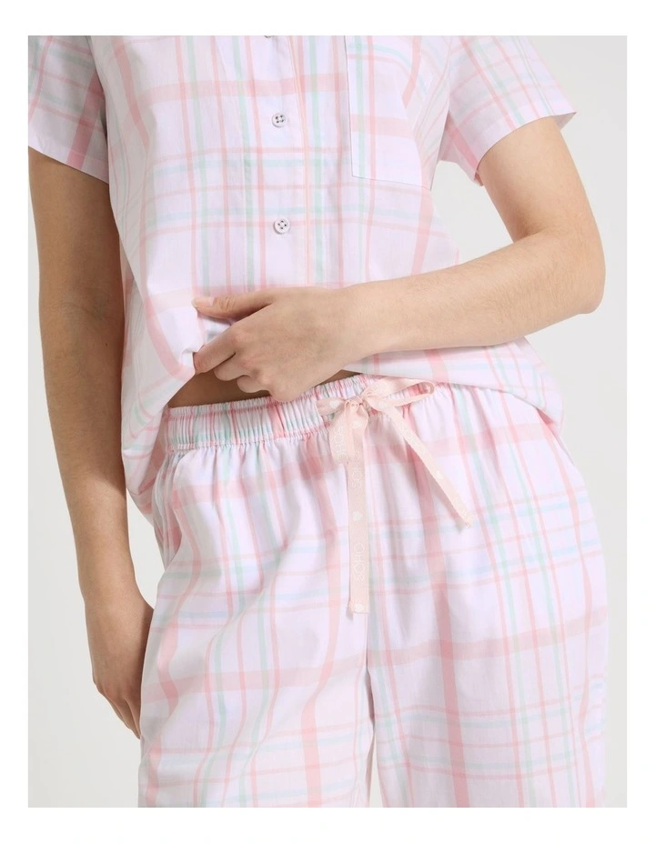 Cotton Woven Short Sleeve 3/4 Pant Pyjama Set in Pink and Green Check image 5