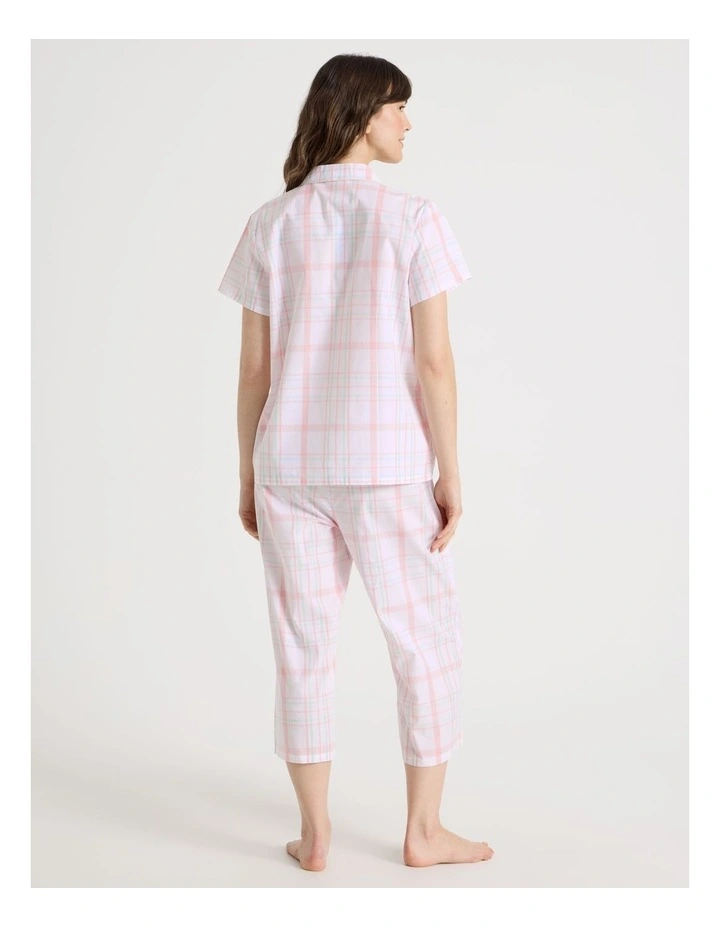 Cotton Woven Short Sleeve 3/4 Pant Pyjama Set in Pink and Green Check image 6