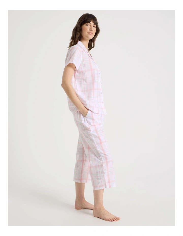 Cotton Woven Short Sleeve 3/4 Pant Pyjama Set in Pink and Green Check image 7