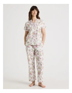 Cotton Woven Short Sleeve Long Pant Pyjama Set in White Roses