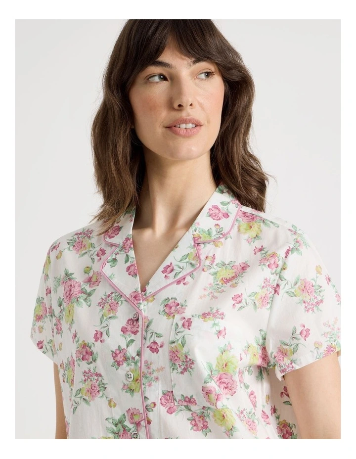 Cotton Woven Short Sleeve Long Pant Pyjama Set in White Roses image 2