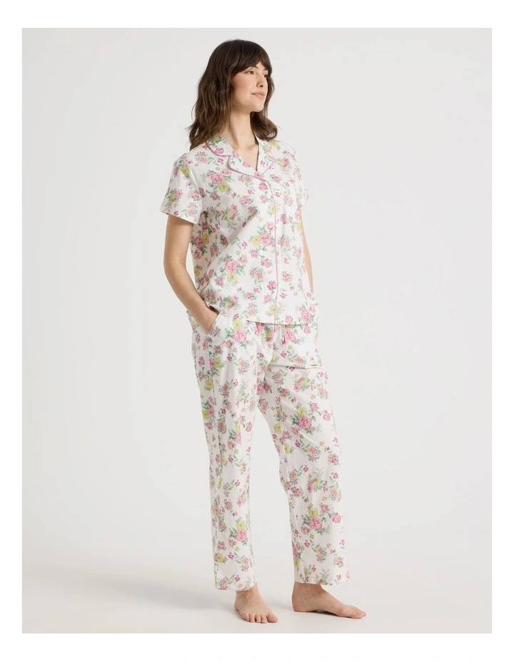 Cotton Woven Short Sleeve Long Pant Pyjama Set in White Roses image 3