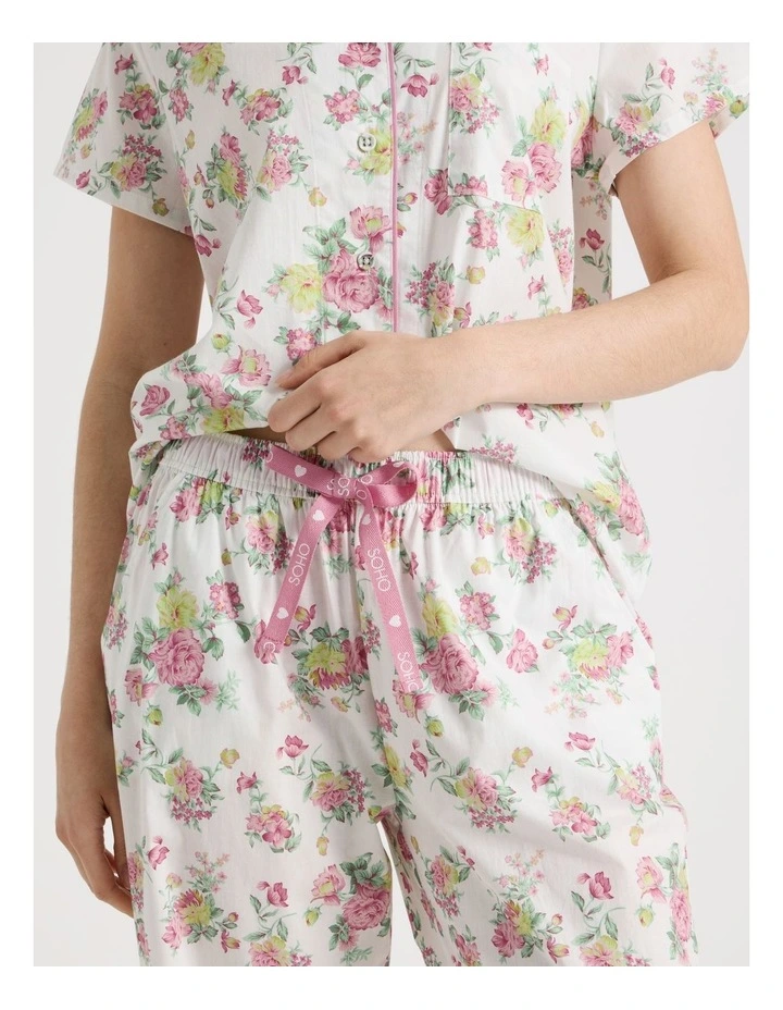 Cotton Woven Short Sleeve Long Pant Pyjama Set in White Roses image 4