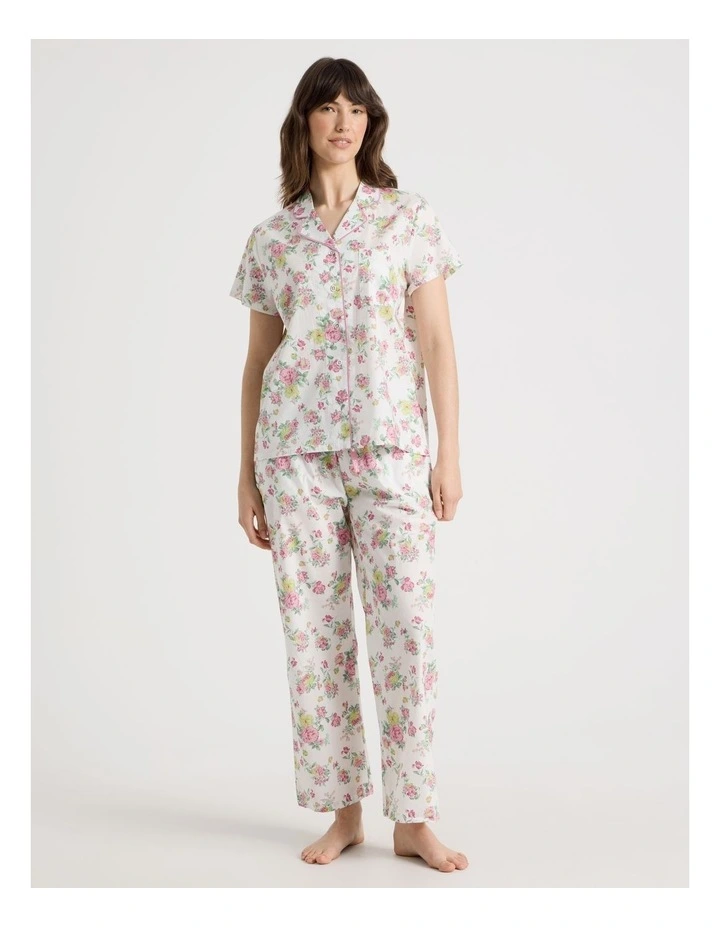 Cotton Woven Short Sleeve Long Pant Pyjama Set in White Roses image 5