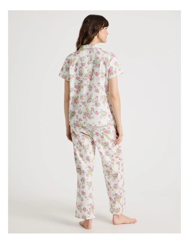 Cotton Woven Short Sleeve Long Pant Pyjama Set in White Roses image 6