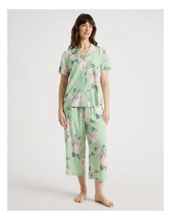 Woven Viscose Short Sleeve 3/4 Pant Pyjama Set in Mint Hydrangea