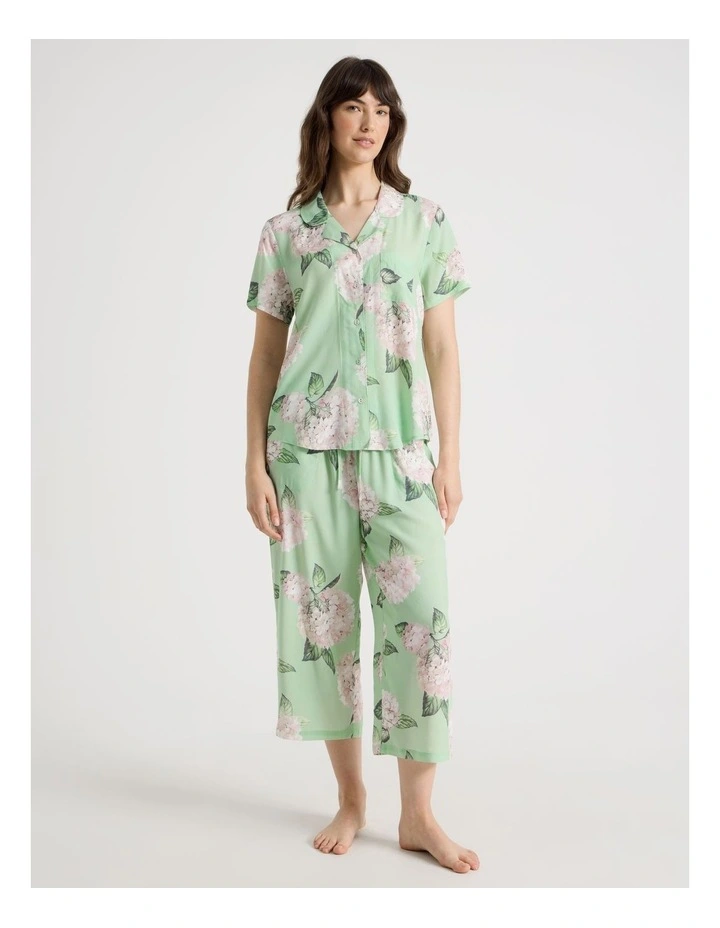 Woven Viscose Short Sleeve 3/4 Pant Pyjama Set in Mint Hydrangea image 1