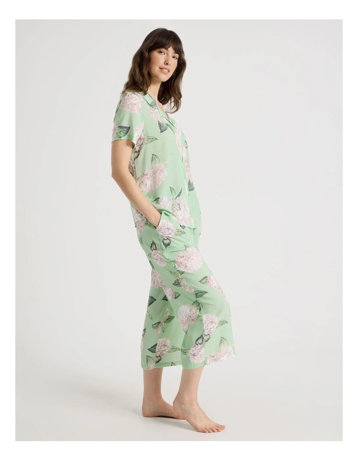 Woven Viscose Short Sleeve 3/4 Pant Pyjama Set in Mint Hydrangea image 3
